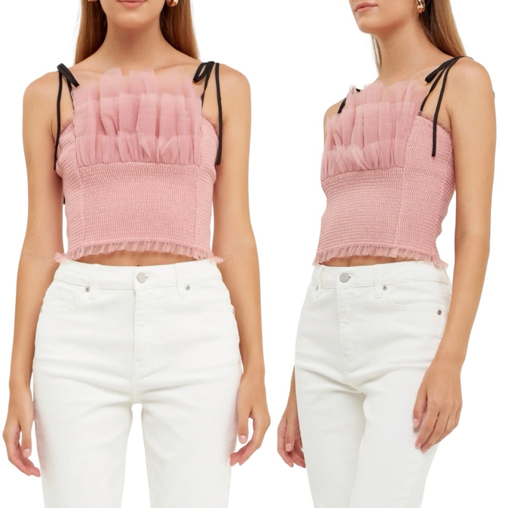 New Endless Rose Tulle Cropped Tie Straps Tank Top in Pink Size Small